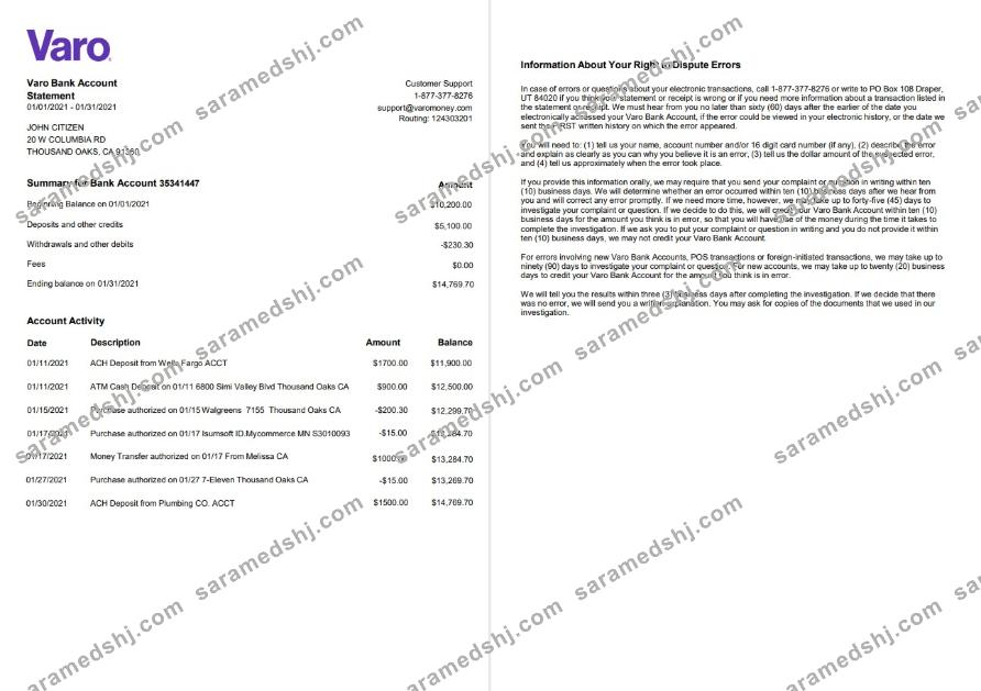 USA California Varo bank statement template in Word and PDF format, 2 pages
